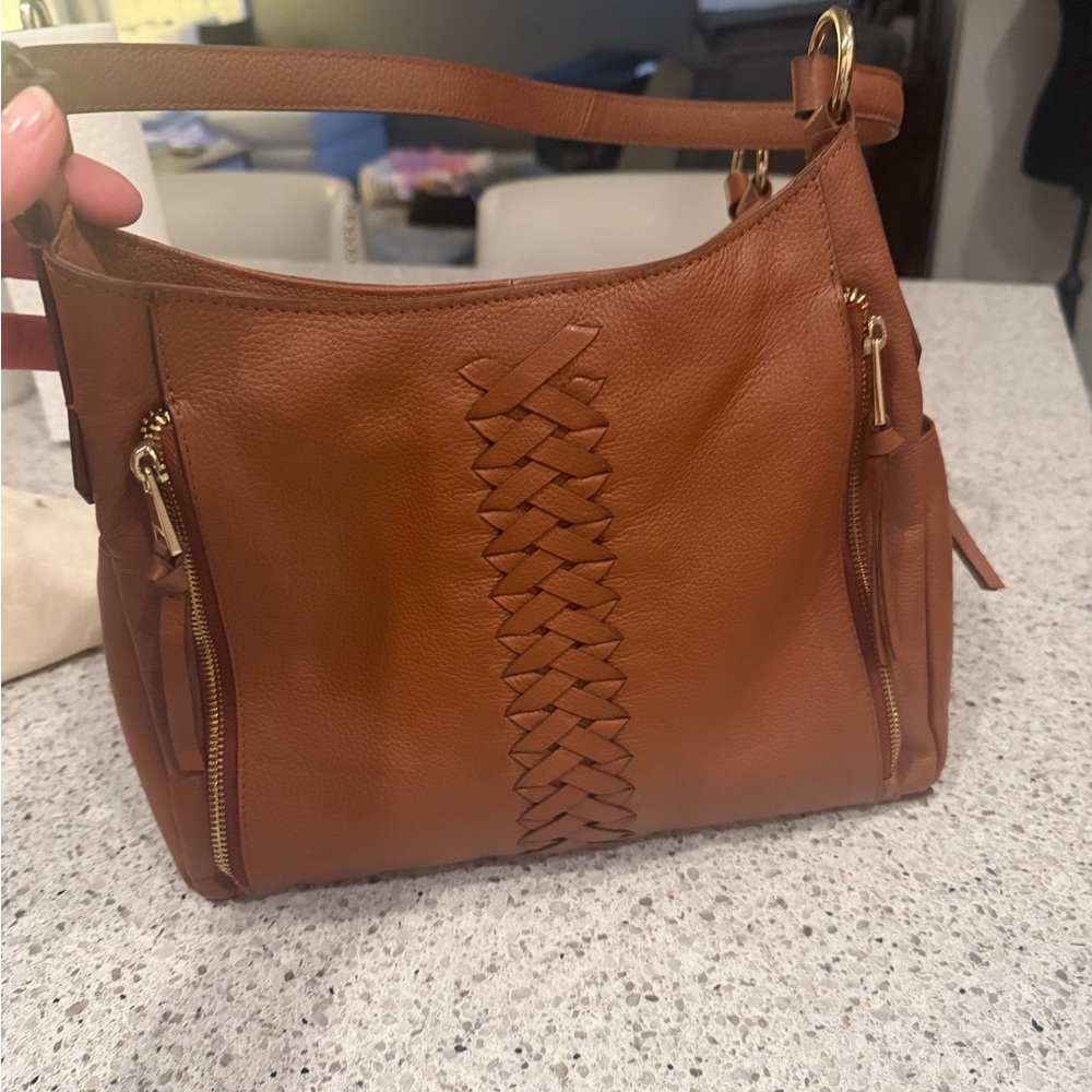 NEW Lodis Cognac Woven-Front Leather Shoulder Bag